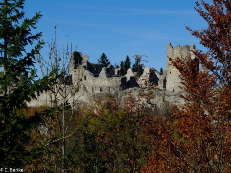 Aussicht auf eine Burgruine, Urlaub im Allgäu mit Kindern, Ausflüge mit Kindern, Burgruine Eisenberg, Burgruine Hohenfreyberg, Fabelwesen, Gespenster