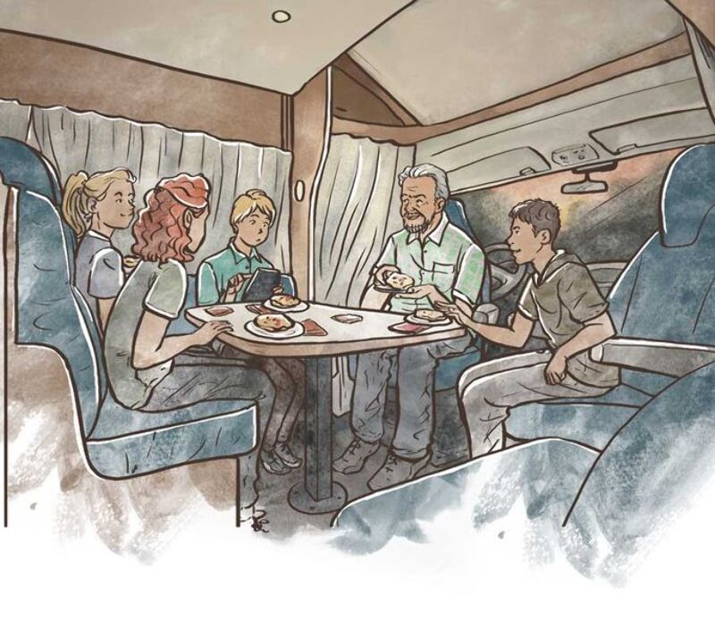 Familie sitzt im Wohnmobil und isst, Wohnmobil-Abenteuer, Familienurlaub, Reisetipps zum Campen und Zelten, Spielen im Camper