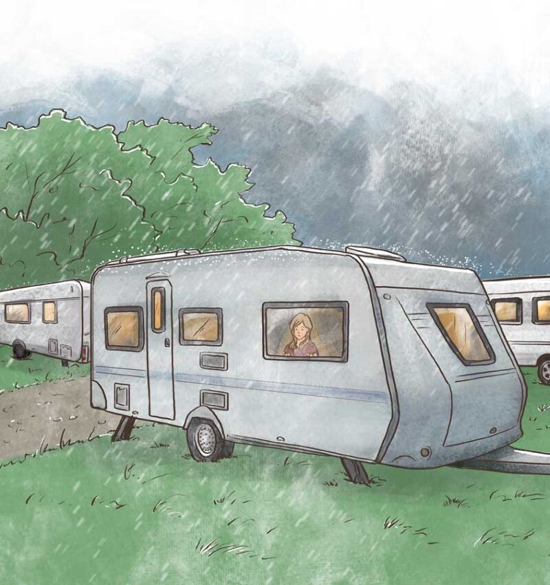 Kind im Wohnwagen bei Regen, Sommerferien, Campen bei Regen, Spielen und basten im Wohnmobil, Reisen mit Kindern