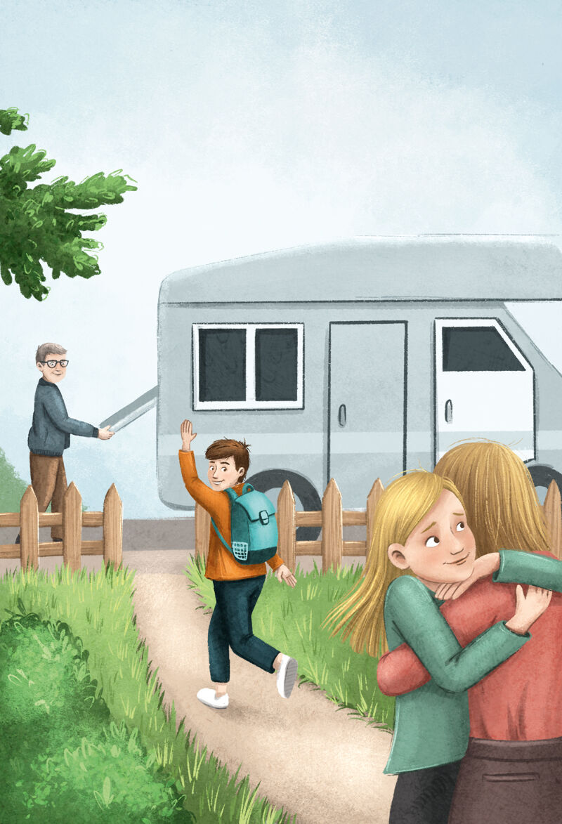 Kinder verabschieden sich bei Mutter vorm Wohnwagen, Zelten, Campingplatz, Camping Tipps