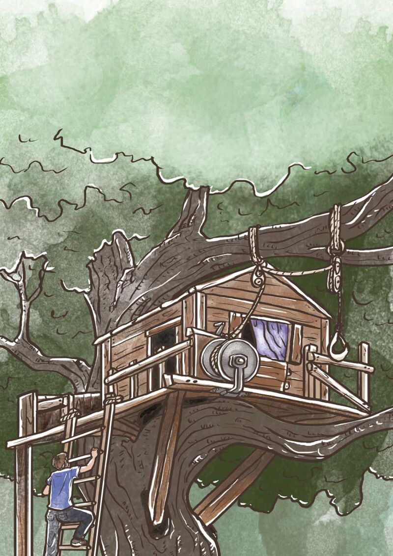 Illustration Mann klettert auf Baumhaus, Abenteuer, Draußenzeit, Familienprojekt